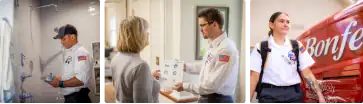 Three technicians in uniform: one inspecting a shower, one showing paperwork to a woman, and one standing outside next to a red Bonfe service vehicle, all ready to handle your Elementor needs with professionalism and care.