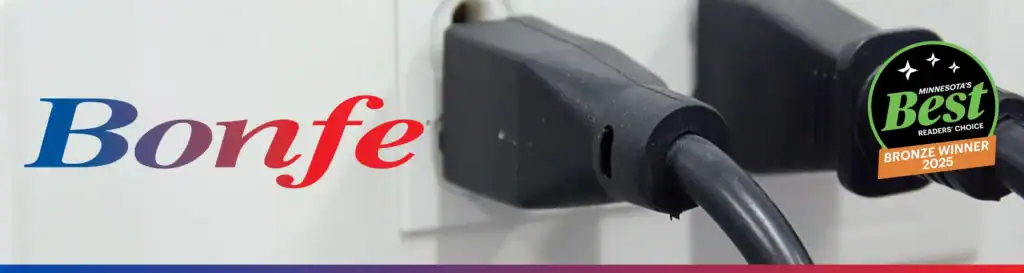 Two black electrical plugs are plugged into wall outlets beside the Bonfe logo and a “Minnesota’s Best Bronze Winner 2023” badge, as featured in the February 2026 edition of the Bonfe Insider—highlighting Bonfe’s commitment to quality service and recent recognition.