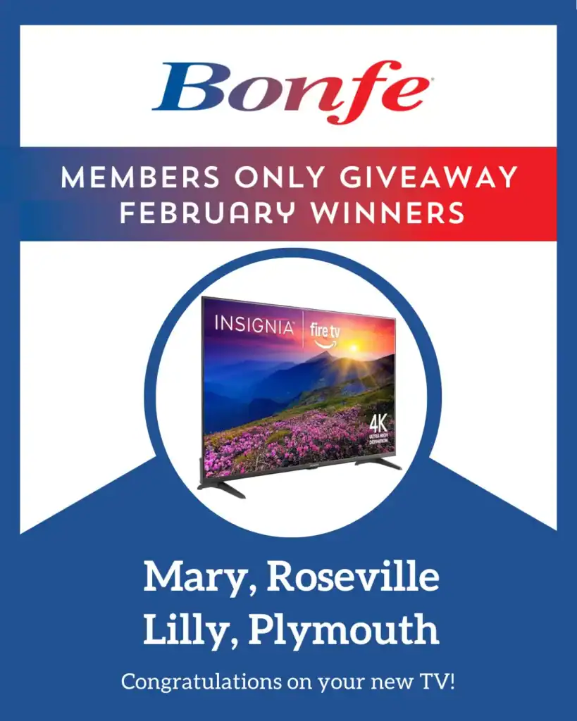 Promotional graphic announcing February winners of a members-only giveaway, showing a 4K Insignia Fire TV and listing Mary, Roseville, and Lilly, Plymouth as winners.