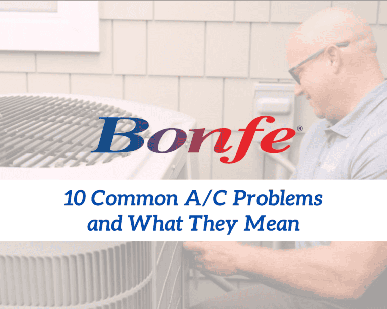 A person inspects an outdoor air conditioning unit. The text reads: “10 Common A/C Problems and What They Mean.” Stay informed with Bonfe Insider for essential tips—July 2026 edition.