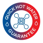 Circular badge featuring a blue and red gradient border, with the words “Quick Hot Water Guarantee” and a faucet knob icon displaying an “H.” This highlights Bonfe’s commitment to outstanding customer service for reliable hot water solutions.