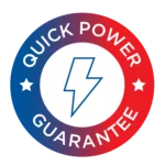 A round badge featuring a vibrant blue and red gradient, accented with white stars and a bold lightning bolt icon at its center, proudly displays the text “Quick Power Guarantee & Customer Service” around the edge—highlighting Bonfe’s commitment to fast, reliable solutions for their customers.