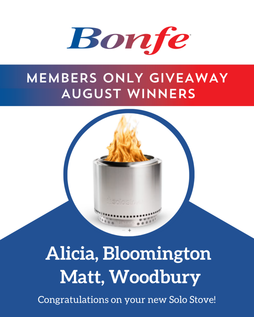 A cheerful promotional image from Bonfe Insider celebrates Alicia from Bloomington and Matt from Woodbury as the August winners of the Solo Stove giveaway. Both valued Bonfe customers are highlighted, with a note inviting viewers to look forward to more giveaways coming in September 2026.