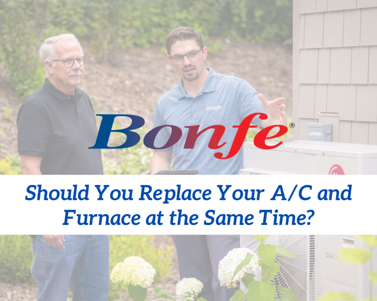 Two men stand outside by an HVAC unit, with one explaining. Text reads: “Should You Replace Your A/C and Furnace at the Same Time?” and features the Bonfe logo.
