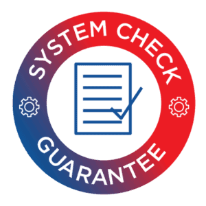 A circular badge featuring the words “System Check Guarantee,” accented with gear icons and a central checklist marked with a check—ideal for highlighting Bonfe’s professional certification of outdoor outlets.