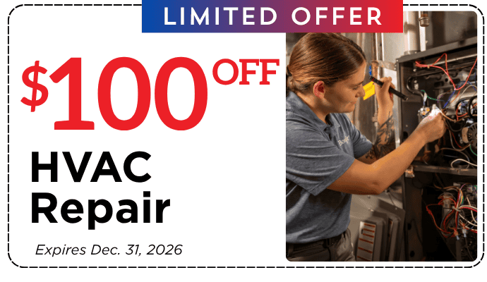 Bonfe technician servicing an HVAC unit outdoors, with outdoor outlets visible. Enjoy $100 off your HVAC repair—special offer valid through December 31, 2026.