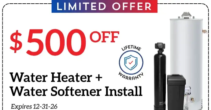 A professional promotional graphic from Bonfe featuring a limited-time $500 discount on water heater and water softener installations, complete with a lifetime warranty icon and an offer expiration date of 12-31-26.