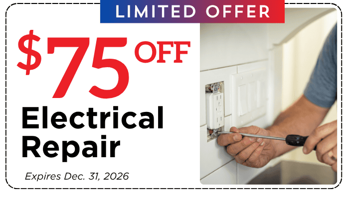 Bonfe coupon offering $75 off electrical repair services, including outdoor outlet work. The image features a Bonfe technician using a screwdriver on an electrical outlet. Offer valid through December 31, 2026.