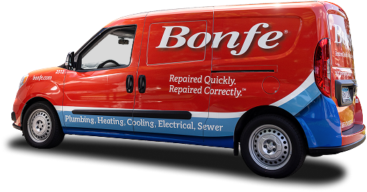 A red Bonfe service van showcased on an Elementor web design page, clearly displaying our professional plumbing, heating, cooling, electrical, and sewer services.
