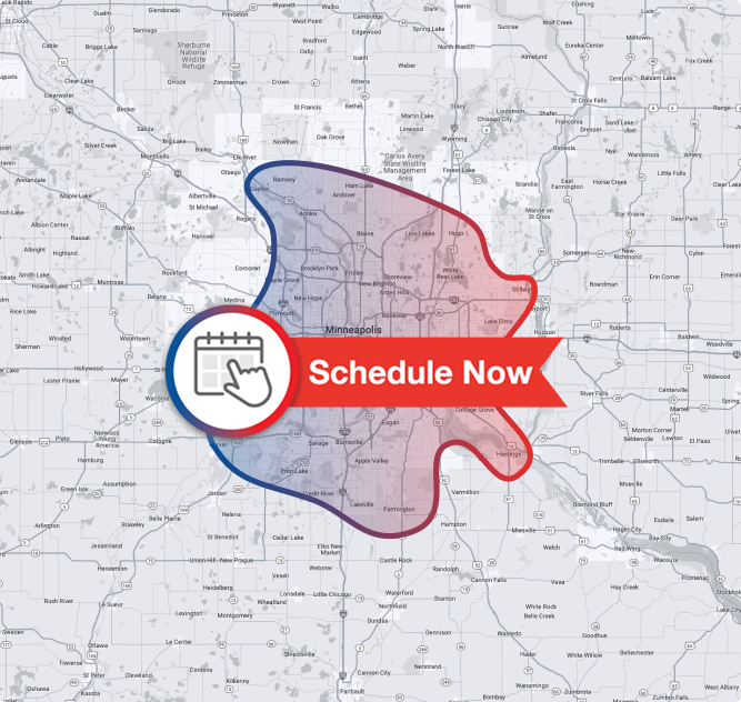 A helpful service area map for the Minneapolis-Saint Paul region, designed in Elementor, featuring a convenient Schedule Now button to easily book your next Bonfe service appointment.