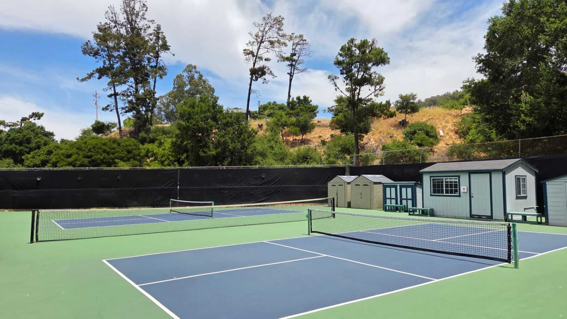 Bright blue pickleball courts at Bay-O-Vista Swim & Tennis Club with surrounding trees and recreational facilities.