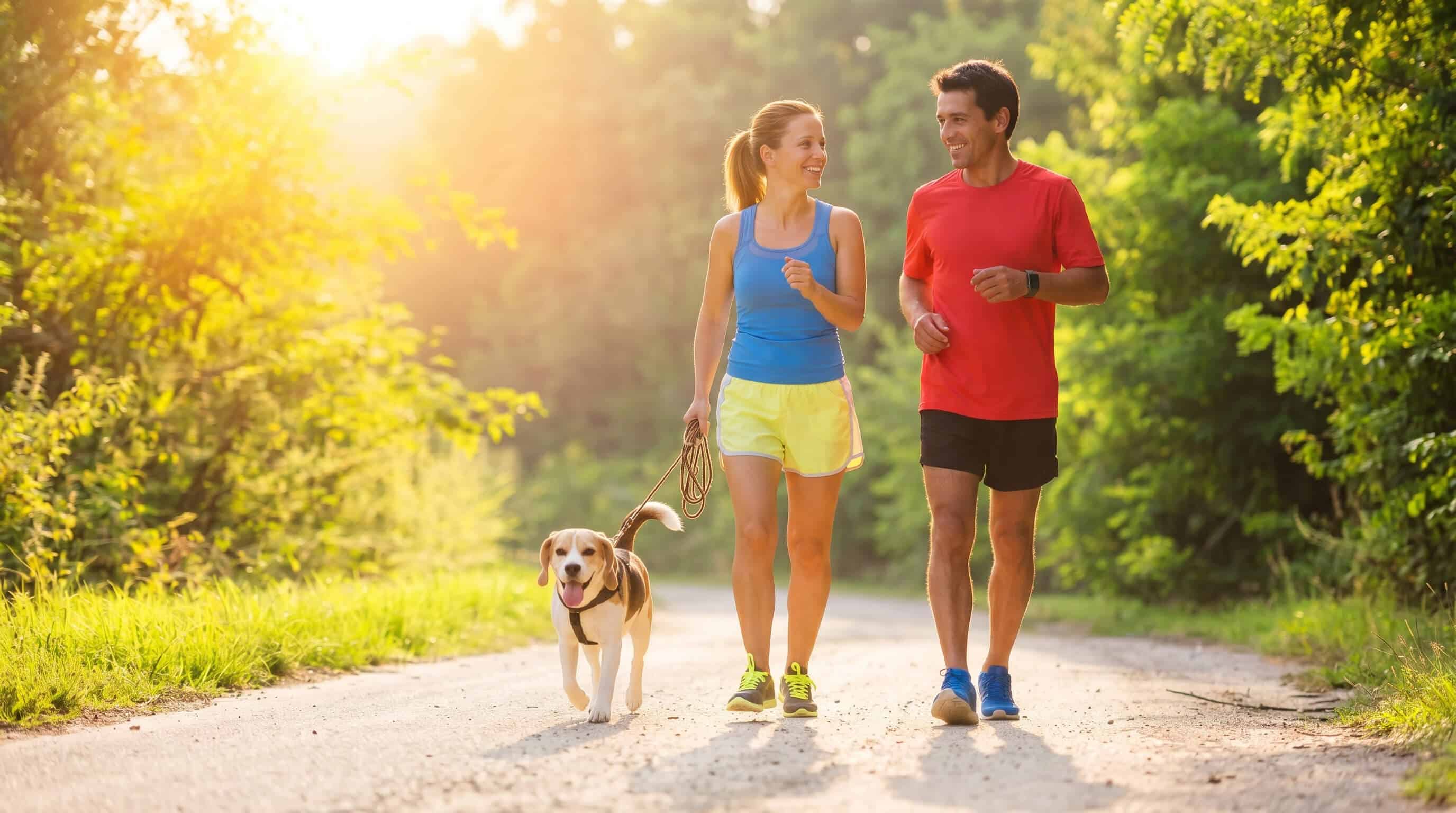 Happy couple jogging with their dog on a scenic trail at Bay-O-Vista Swim & Tennis Club during spring, promoting outdoor fitness and community activities.