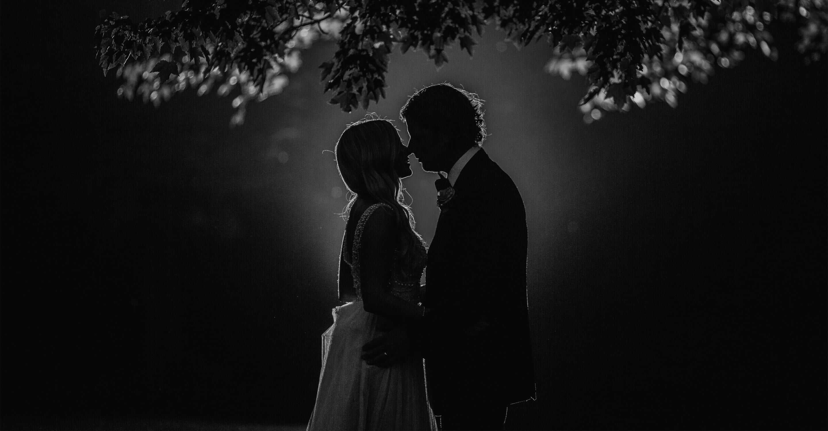 A black and white photo of a bride and groom kissing under a tree.