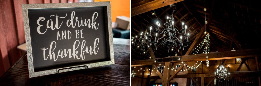 Eat drink be thankful sign at a barn wedding.