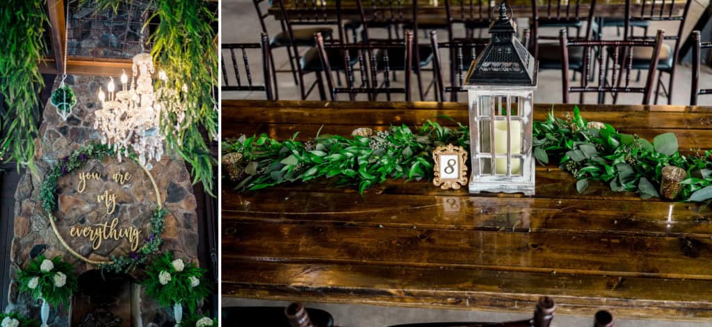 A wedding reception with greenery and lanterns.