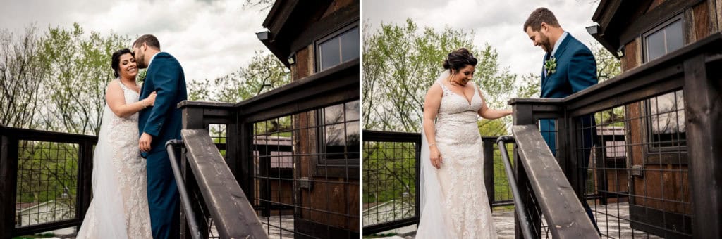 Two pictures of a bride and groom standing on a railing.