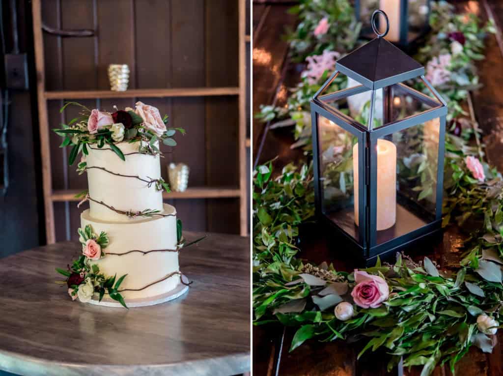 Two pictures of a wedding cake and a lantern on a table.