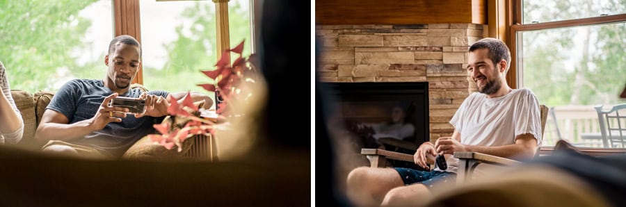 Two pictures of people sitting in a living room.