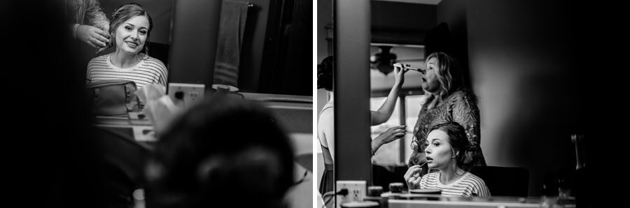 Black and white photos of a bride getting ready in a mirror.