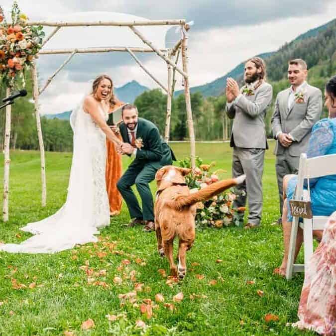 TLazy_Ranch_007 A wedding ceremony with a dog in the background.