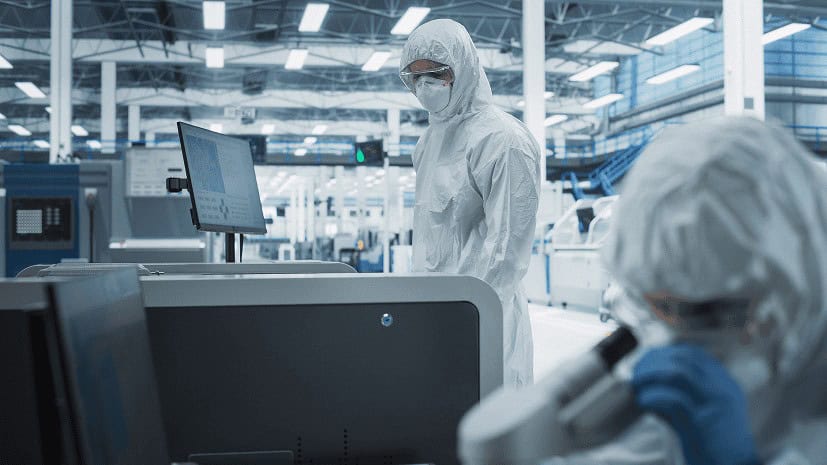 Scientists in sterile white lab suits work with equipment in a highly controlled pharmaceutical cleanroom.