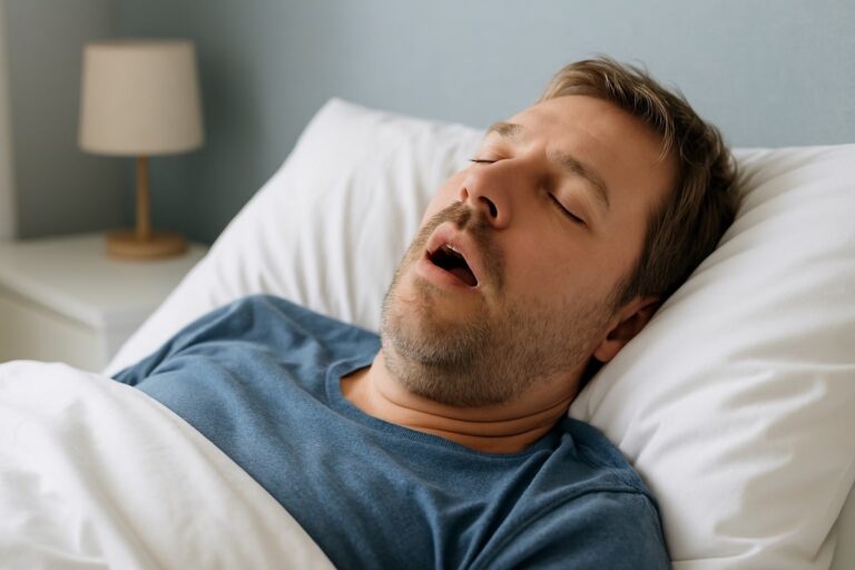 Man sleeping peacefully, highlighting snoring relief through myofunctional therapy.