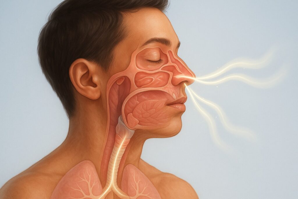 Breathing illustration showing nasal passage and respiratory system for improved breathing technique.