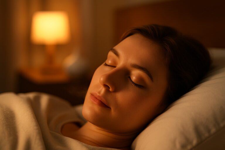 Relaxing woman sleeping peacefully in a cozy bedroom with warm lighting.