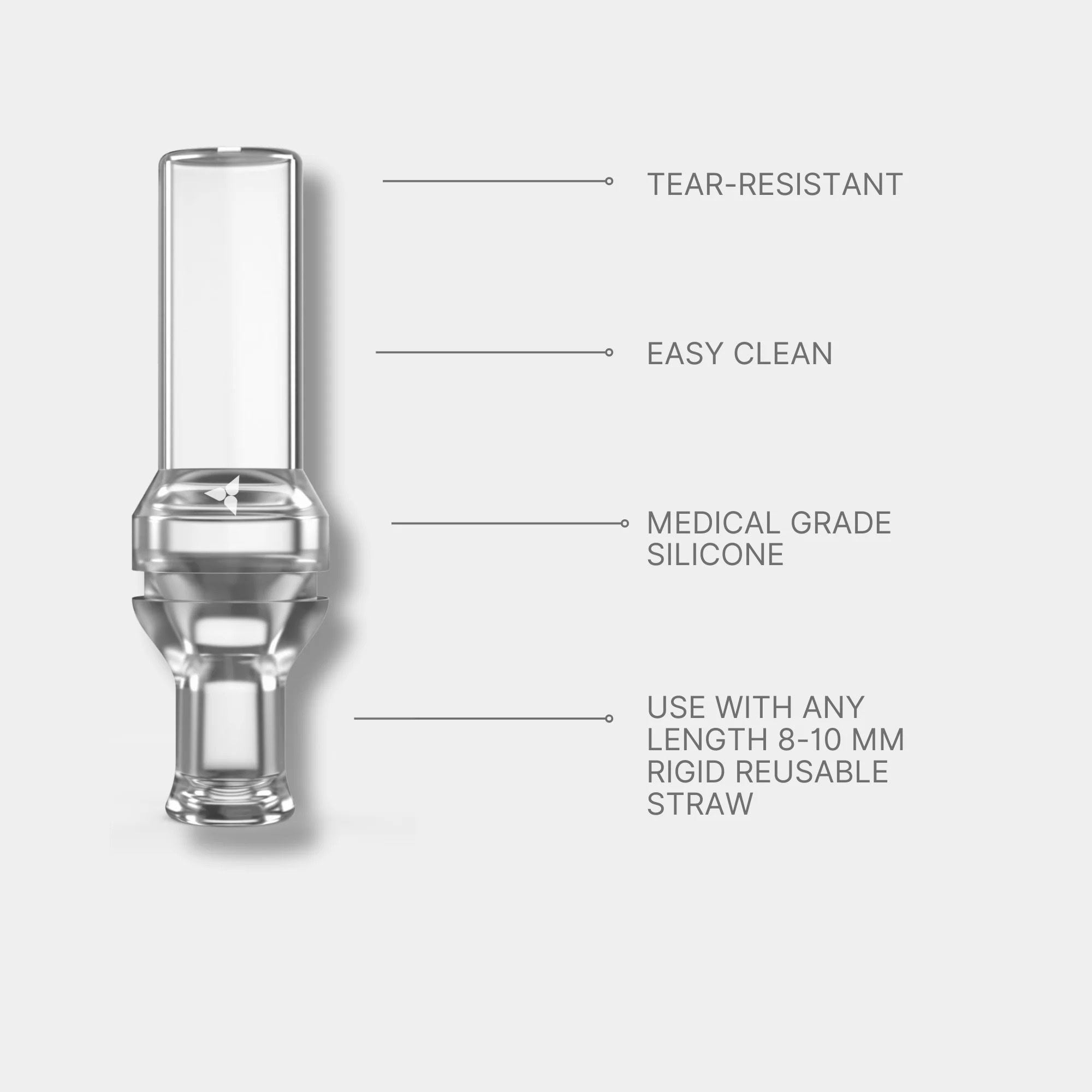 Clear, durable glass straw with medical-grade silicone tip, tear-resistant and easy to clean.