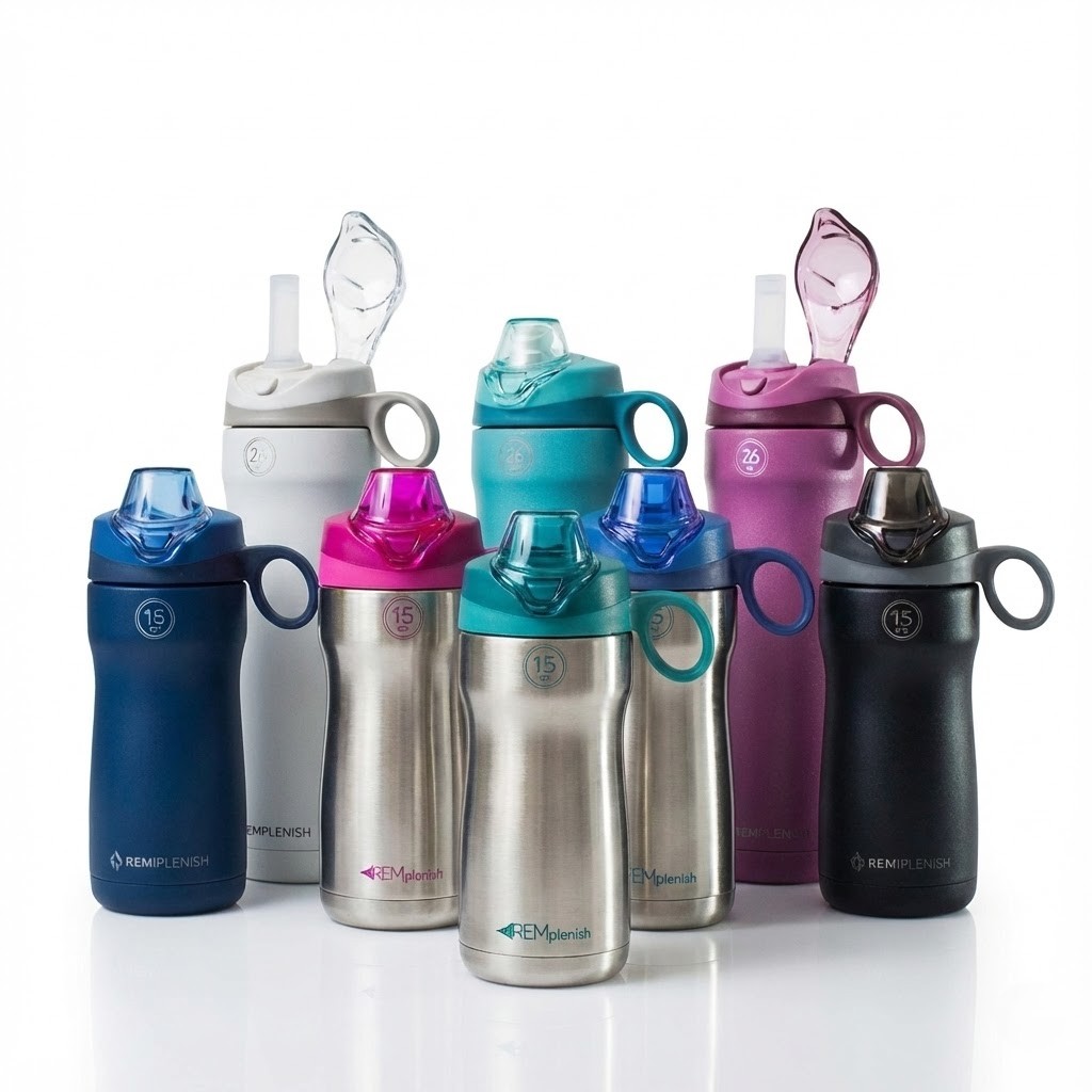 Hydration bottles with flip-top lids in various colours, ideal for active lifestyles and hydration o.