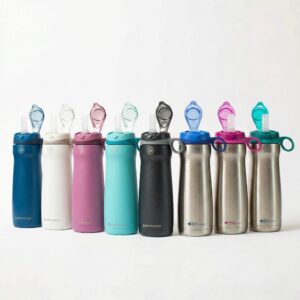 Colourful stainless steel bottles with Myo-Nozzle & Straw Kit for hydration.