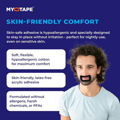 Man wearing MyoTape adhesive patch for sensitive skin comfort.