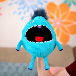 Bright blue plush monster toy with open mouth, ideal for stress relief and comfort.