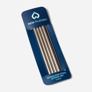 Reusable stainless steel straw set in packaging for eco-friendly drinking.