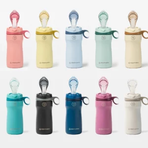 Set of ten pastel and vibrant reusable water bottles with flip lids.
