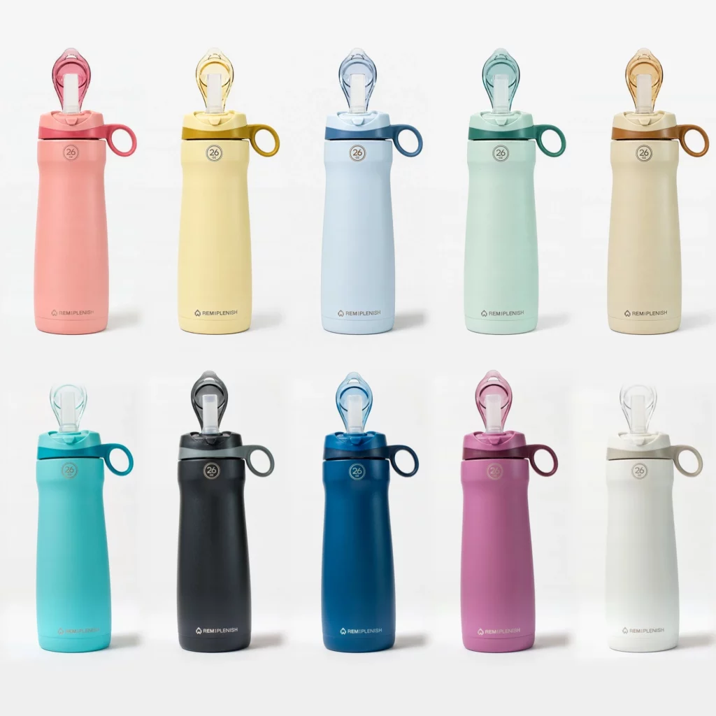 Set of ten pastel and vibrant reusable water bottles with flip caps.