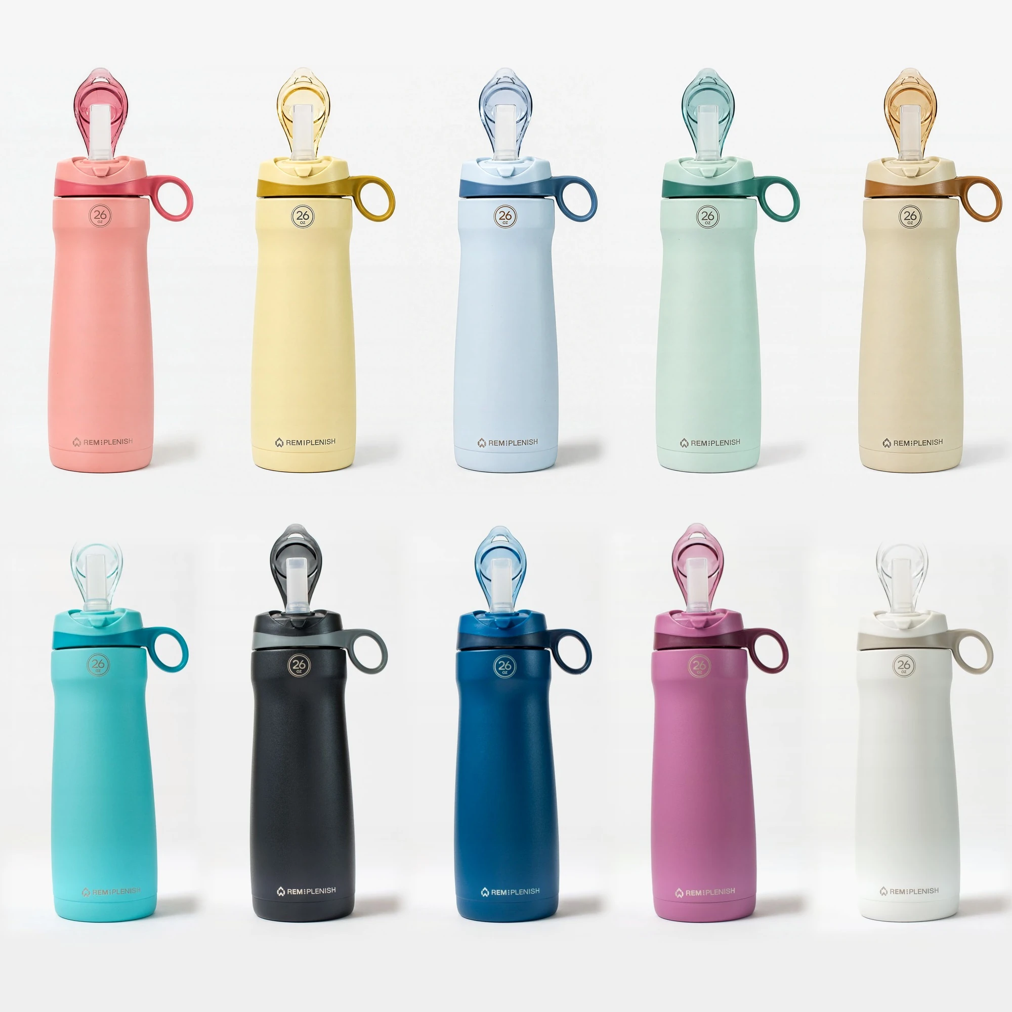 Set of ten pastel and vibrant reusable water bottles with flip caps.