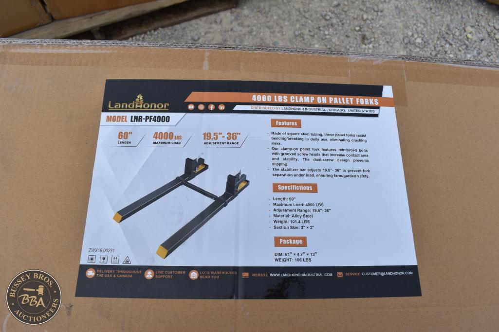 Heavy-duty Land Honor pallet forks for loaders, 4000 lbs capacity, 60" length, ideal for material ha.