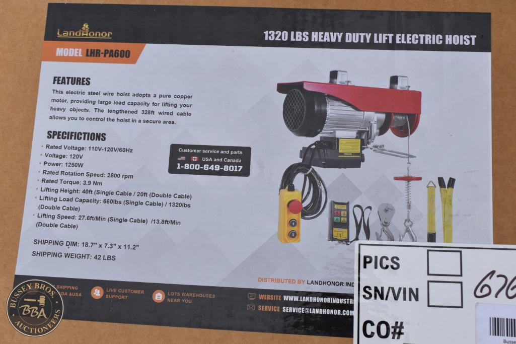 Electric hoist with 1320 lbs capacity, ideal for construction and warehouse applications. Features d.