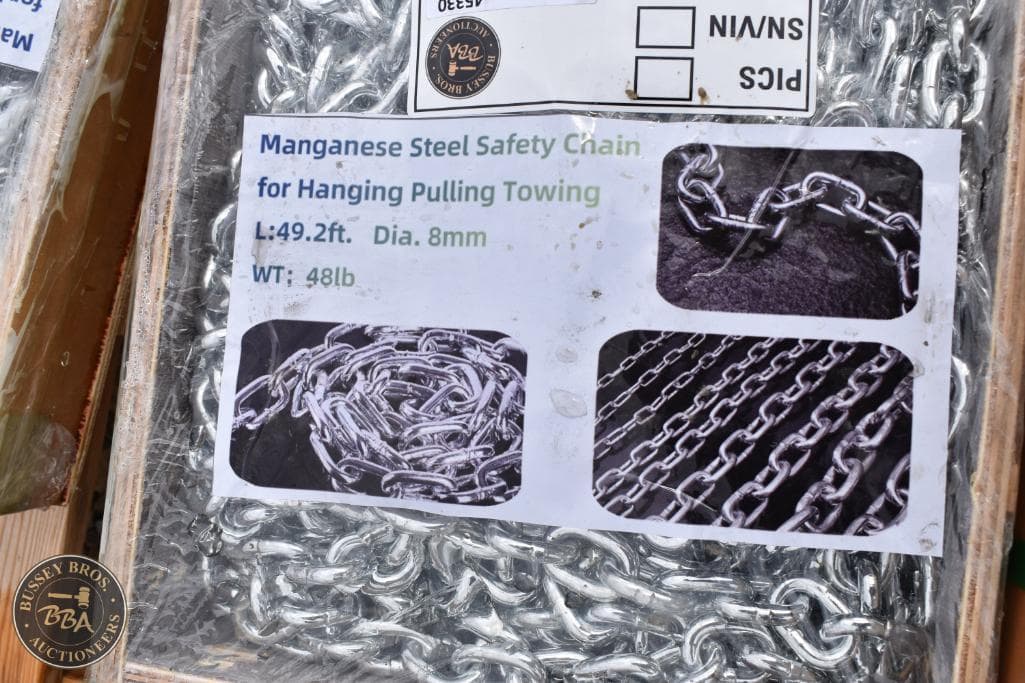 Heavy-duty manganese steel safety chain for towing and lifting applications.