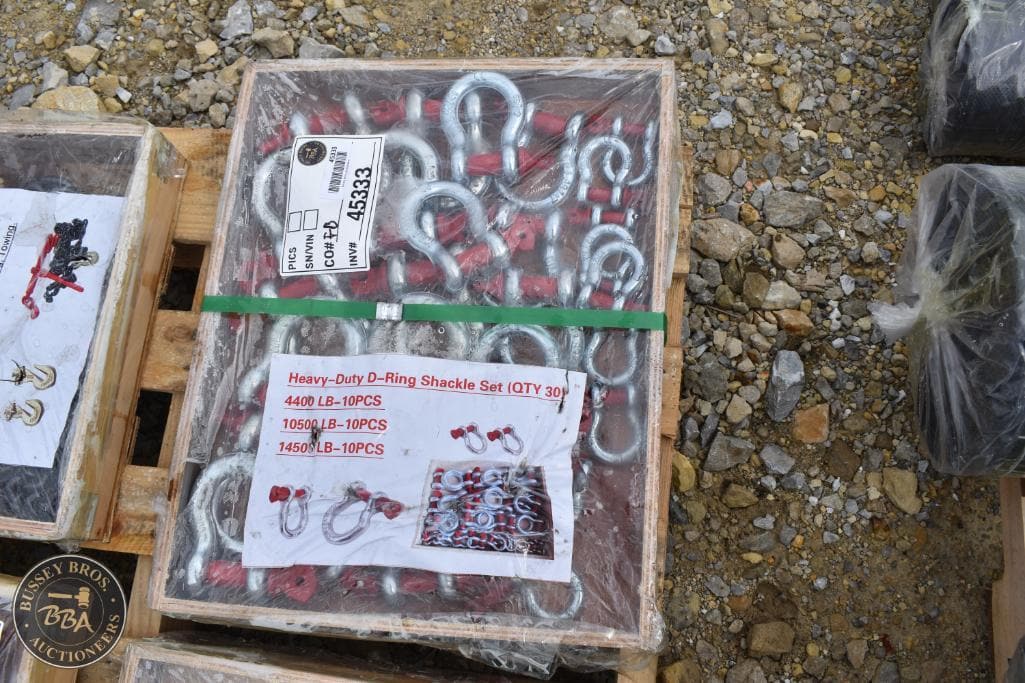 D-ring shackle set for lifting, towing, and rigging applications at Bussey Bros Auctioneers.