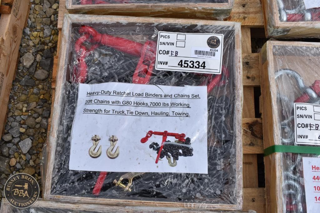 Heavy-duty ratchet load binders with chains for secure hauling and towing. Includes G80 hooks, 20ft.