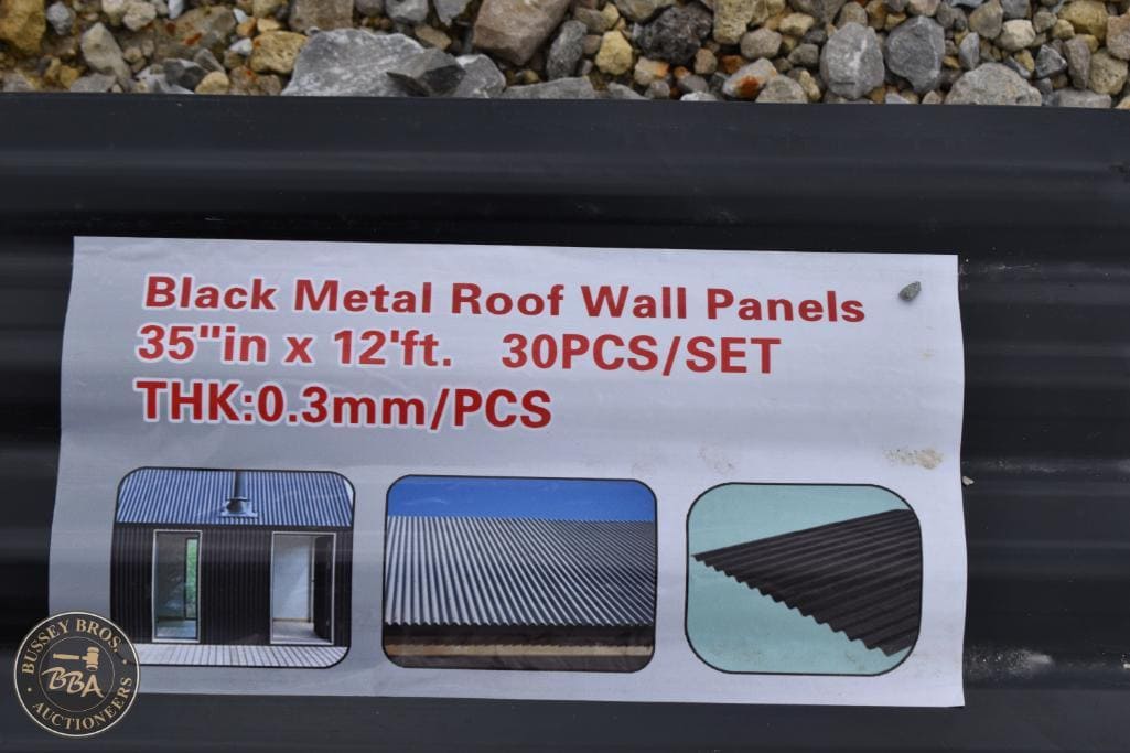 Black metal roof wall panels, 35" x 12', 30-piece set for building projects.