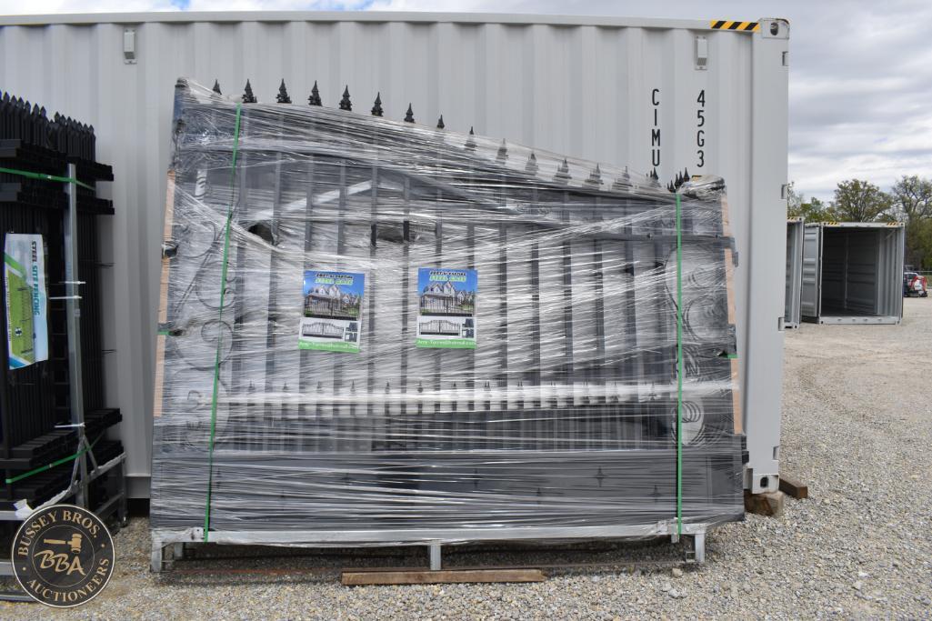 Shipping container with metal railing wrapped in plastic at Bussey Bros Auctioneers.