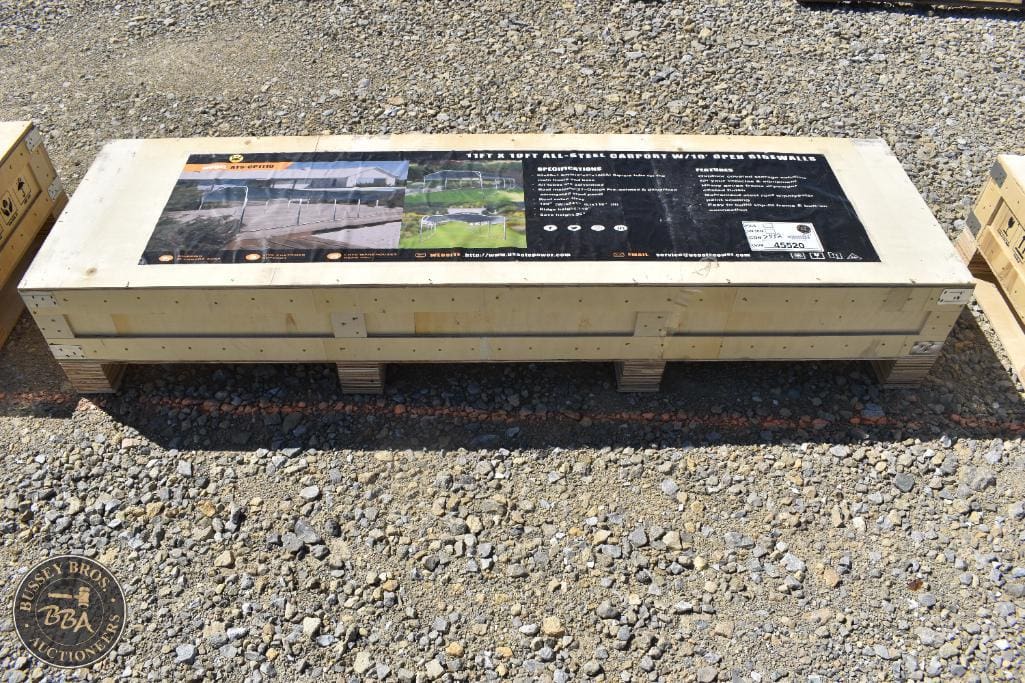 Outdoor wooden bench for auction display and seating purposes.