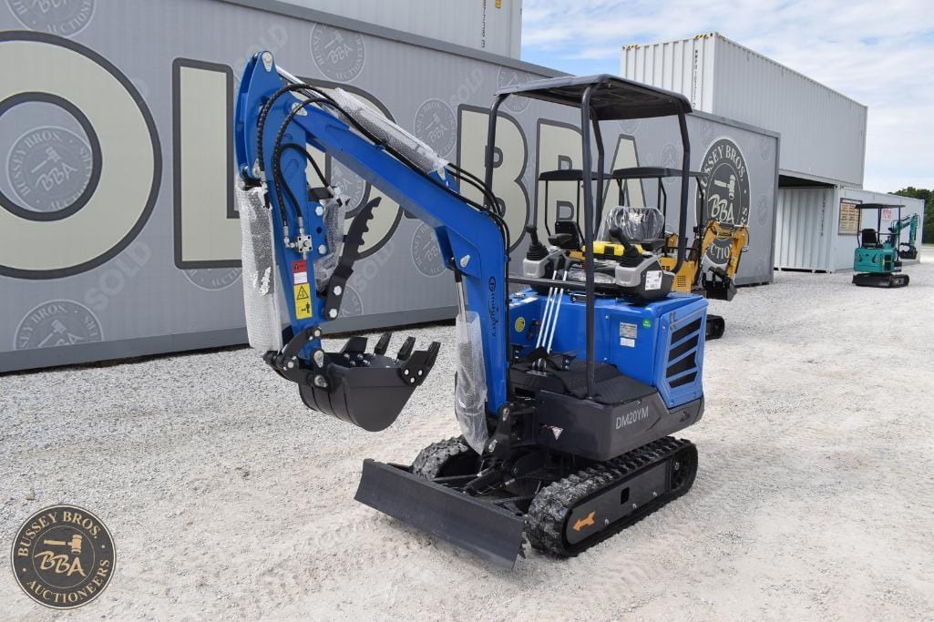 Mini excavator with blue arm and black tracks, suitable for construction and landscaping projects.