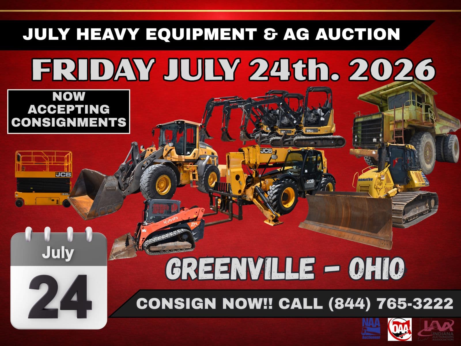 Heavy equipment auction scheduled for July 24, 2026, in Greenville, Ohio.