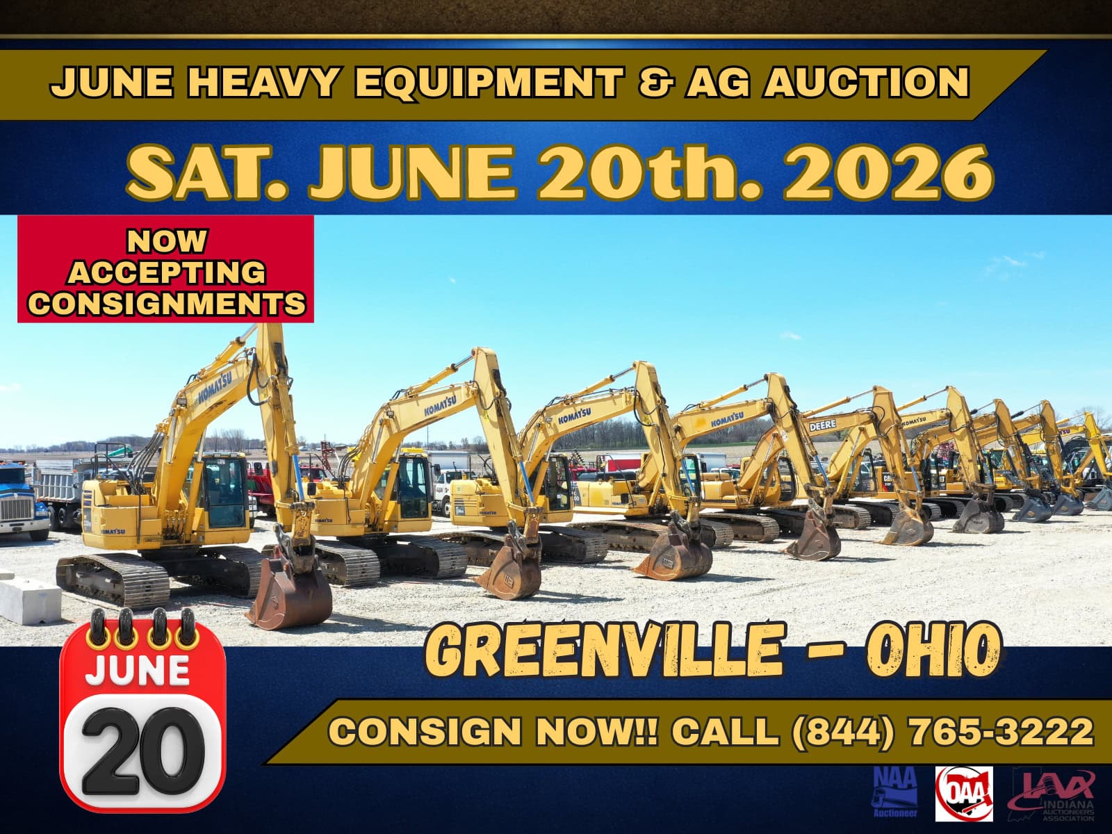 Large row of excavators at Bussey Bros Auctioneers' consignment event.