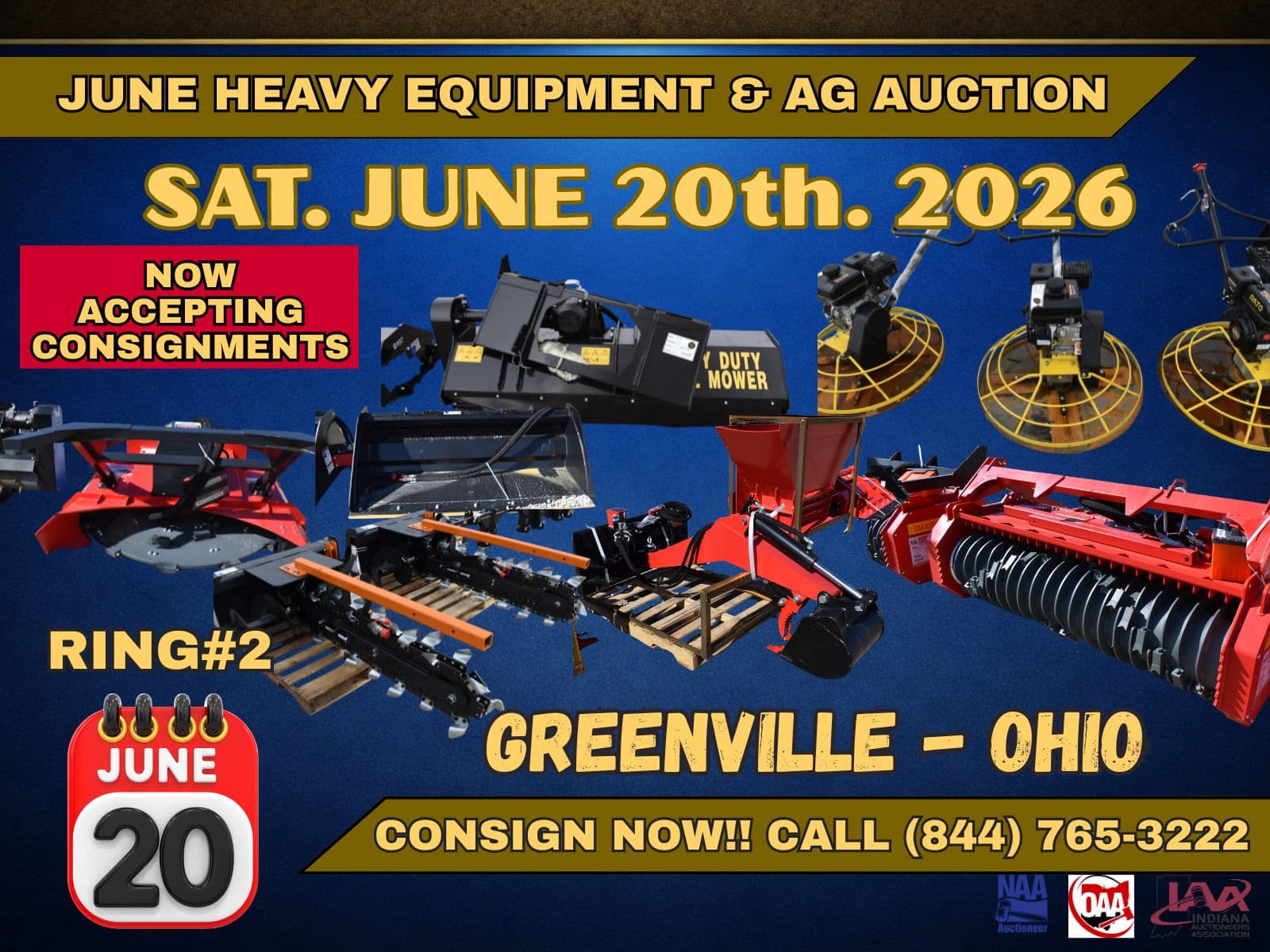 A heavy equipment and agricultural machinery auction in Greenville, Ohio on June 20, 2026