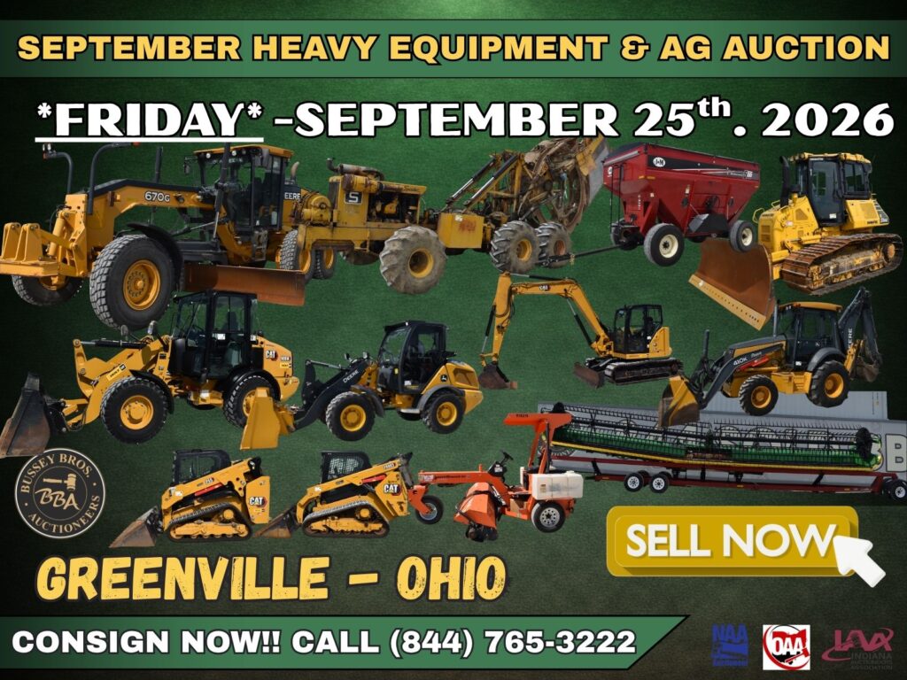 Heavy equipment and agricultural machinery at September auction in Greenville Ohio.
